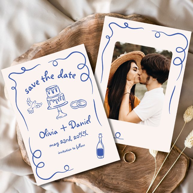 Whimsical Hand Drawn Wedding Photo Navy Blue Save The Date (Creator Uploaded)