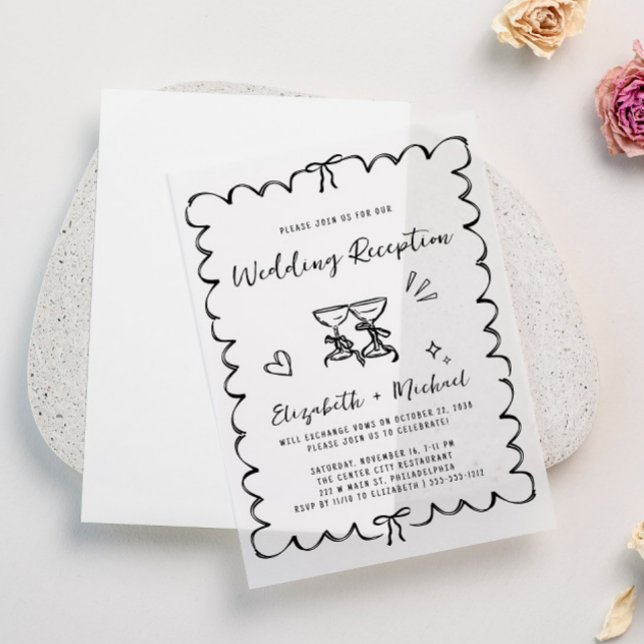 Whimsical Hand Drawn Wedding Reception Vellum Invitations (Elevate your wedding reception invitations with the timeless beauty of vellum overlays)