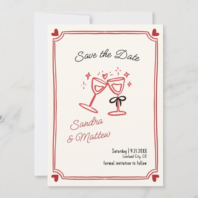 Whimsical Hand Drawn Wedding Save the Date Invitation (Front)