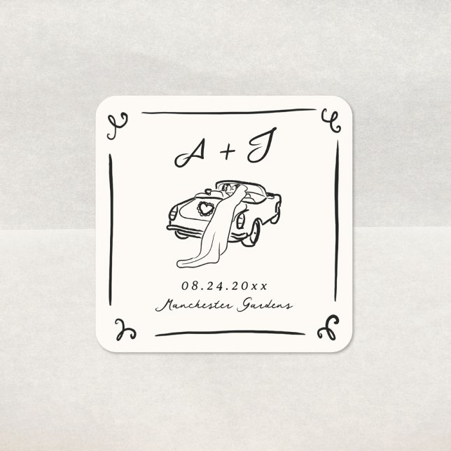 Whimsical Hand Drawn Wedding Square Sticker (Creator Uploaded)