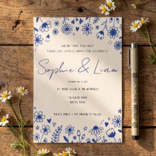 Whimsical Hand Drawn Wildflower Doodle Wedding Inv Invitation