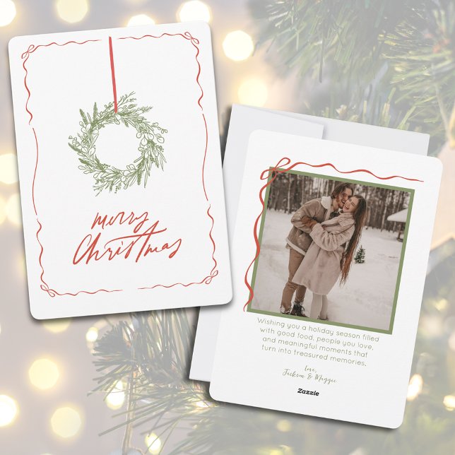 Whimsical Hand Drawn Wreath Photo Christmas Holiday Card (Simple Hand Drawn Wreath Photo Christmas Holiday Card)