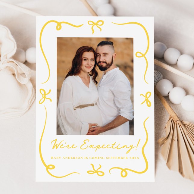 Whimsical Hand-Drawn Yellow Bows 2 Photo Pregnancy Announcement (Creator Uploaded)