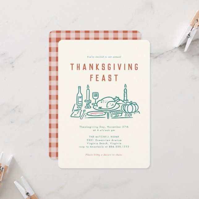 Whimsical Hand Illustrated Thanksgiving  Dinner  Invitation (Front/Back In Situ)