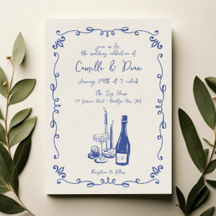 Whimsical Hand Lettered Illustrated Dinner Wedding Invitation