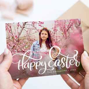 Whimsical Hand-Lettered Script Happy Easter Photo Holiday Card