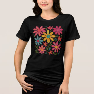 Whimsical Hand-Painted Floral Art on Black Backgro Tri-Blend Shirt