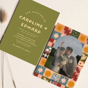 Whimsical handdrawn Bold colorful wedding  Invitation