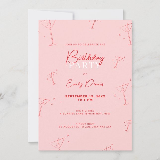 Whimsical Handdrawn martini Birthday Party Invitation (Front)