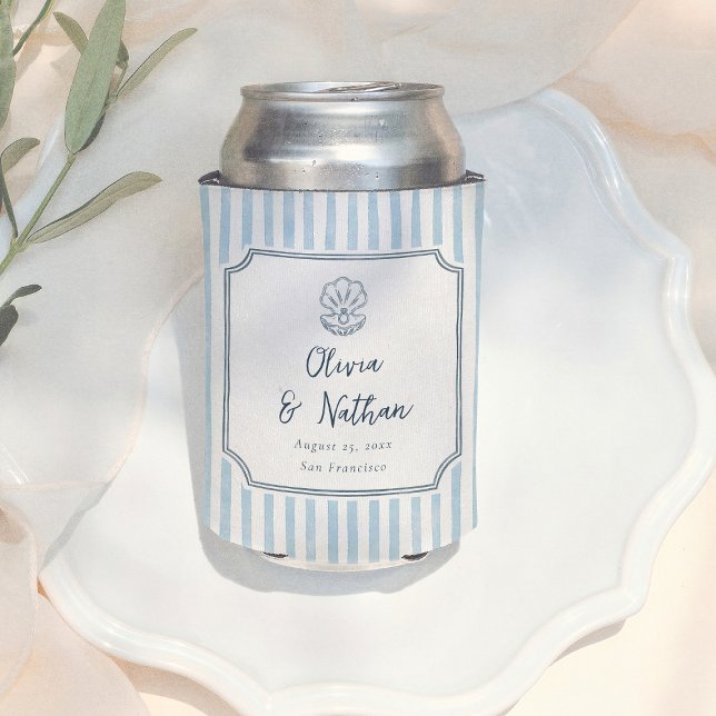 Whimsical Handdrawn Retro Blue Stripes Wedding Can Cooler (Creator Uploaded)