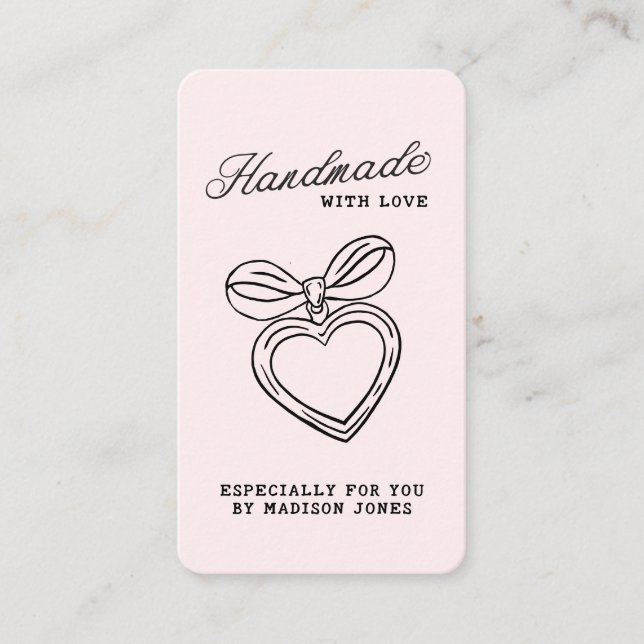 Whimsical Handmade with Love Script Heart Bow Business Card (Front)