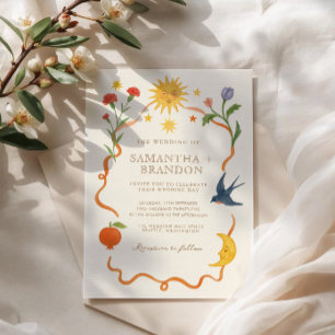 Whimsical handpainted Celestial Folk Wedding  Invitation