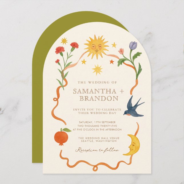 Whimsical handpainted Celestial Folk Wedding  Invitation (Creator Uploaded)
