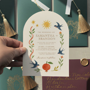 Whimsical handpainted Celestial Folk Wedding Invitation