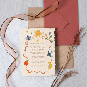 Whimsical handpainted Floral Folk Wedding Invitation
