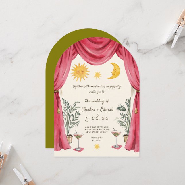 Whimsical Handpainted Sun and Moon Wedding Invitat Invitation (Front/Back In Situ)