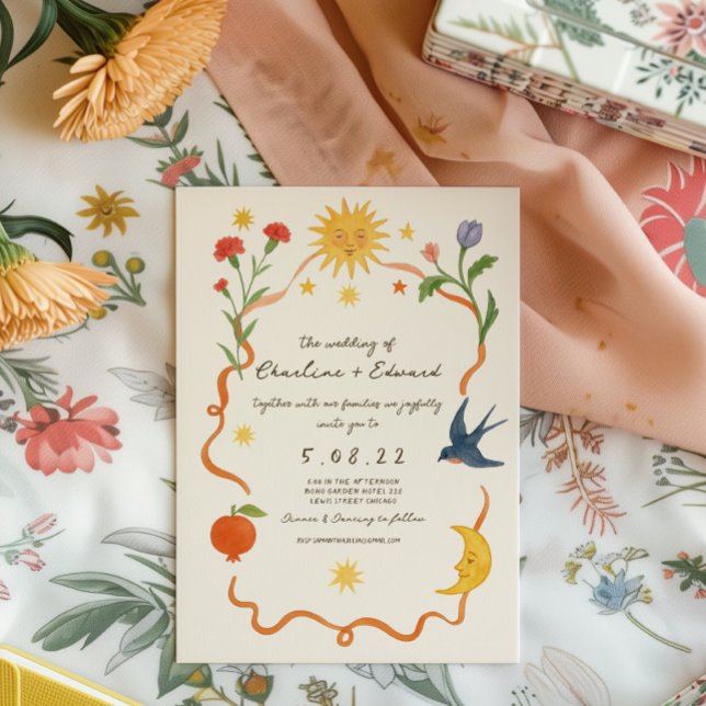Whimsical Handpainted Sun and Moon Wedding Invitation (Creator Uploaded)