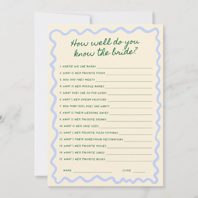 Whimsical Handwritten Bridal Guessing Game Card (Front)