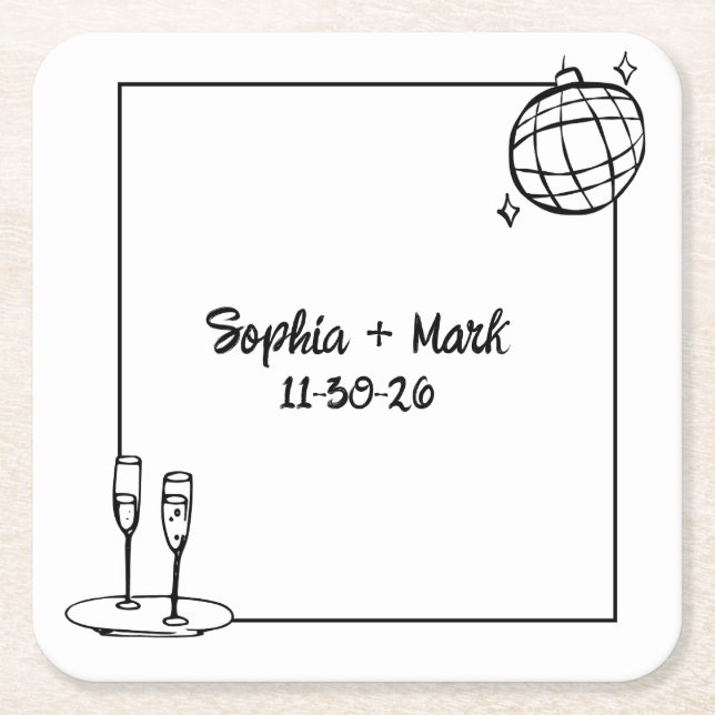 Whimsical Handwritten Disco Personalised Wedding  Square Paper Coaster (Front)