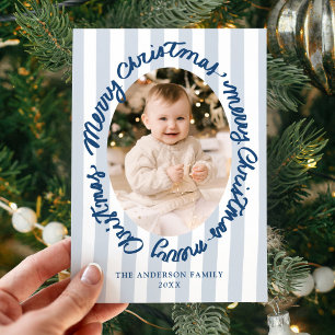 Whimsical Handwritten Merry Christmas Blue 2 Photo Holiday Card