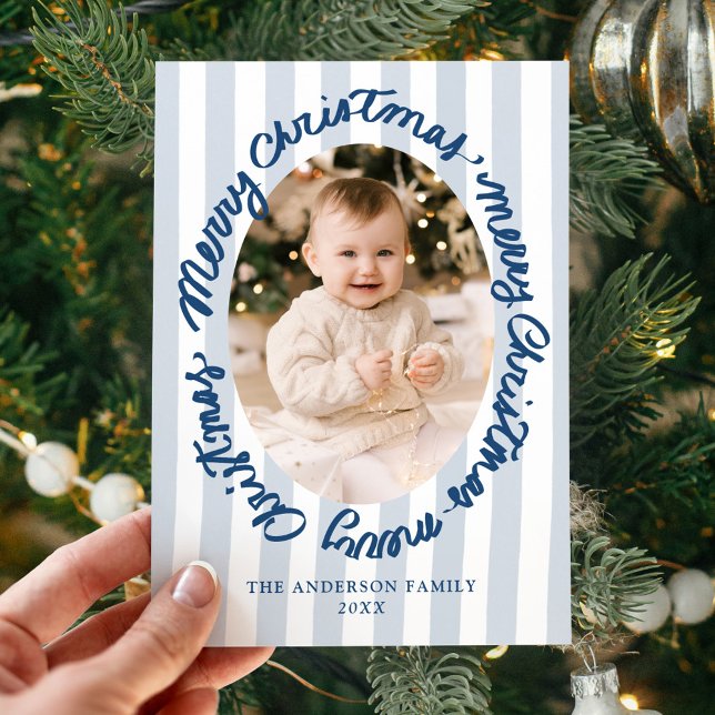 Whimsical Handwritten Merry Christmas Blue 2 Photo Holiday Card (Creator Uploaded)