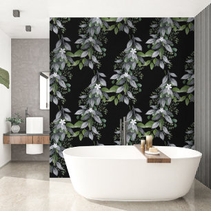 Whimsical Hanging Flowers and Leaves Black Wallpaper