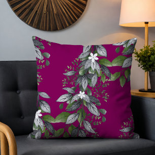 Whimsical Hanging Flowers And Leaves Dark Fuchsia  Cushion