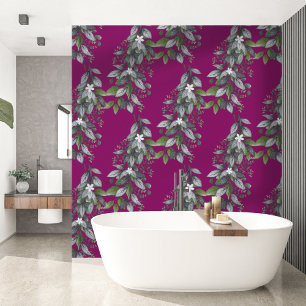 Whimsical Hanging Flowers and Leaves Dark Fuchsia  Wallpaper
