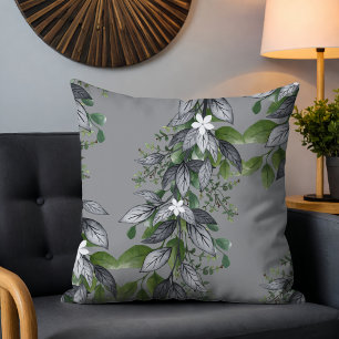 Whimsical Hanging Flowers and Leaves Grey Cushion
