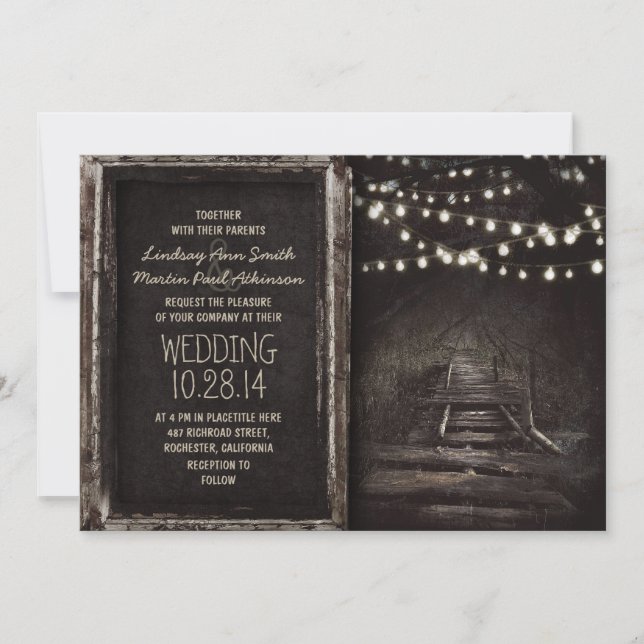 Whimsical hanging lights tree path rustic wedding invitation (Front)