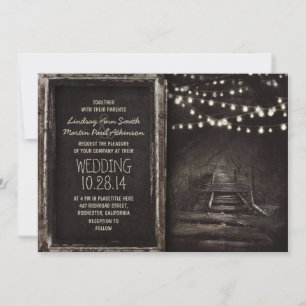 Whimsical hanging lights tree path rustic wedding invitation