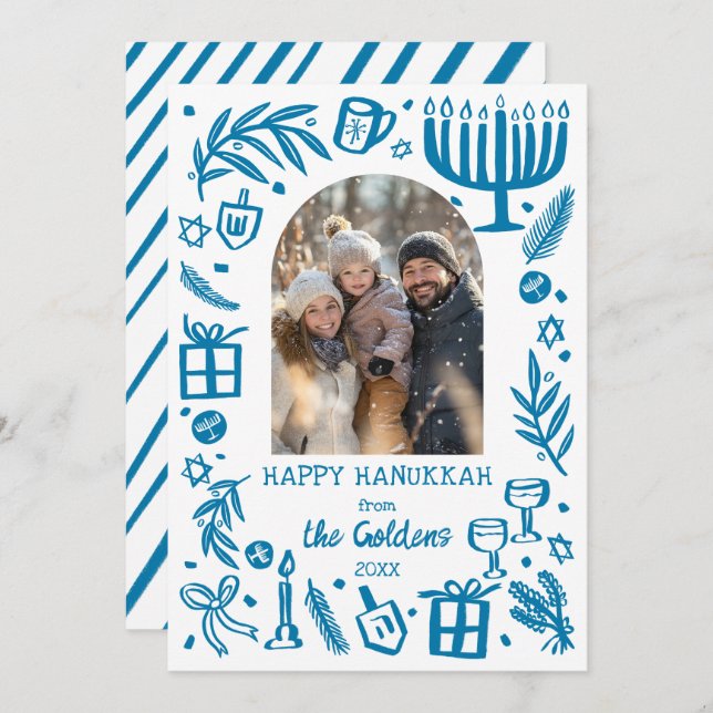 Whimsical Hanukkah Cute Custom Arch PHOTO  Holiday Card (Front/Back)