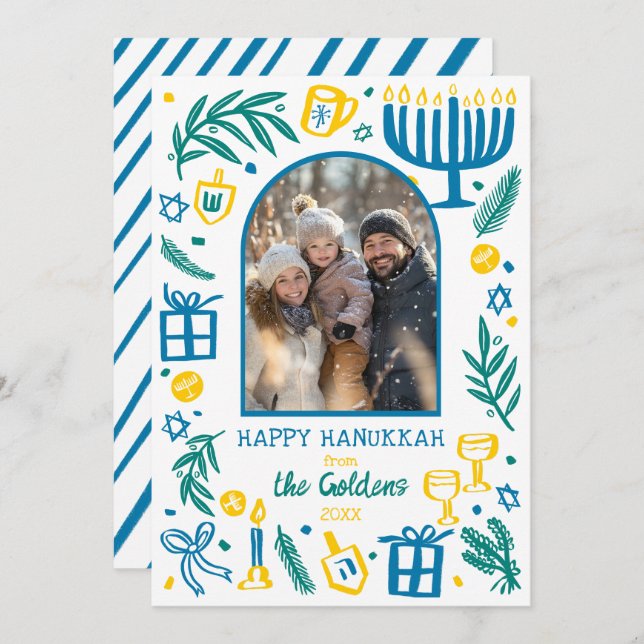 Whimsical Hanukkah Cute Custom Arch PHOTO  Holiday Card (Front/Back)