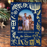 Whimsical HANUKKAH Cute Custom Photo GOLD Foil Holiday Card<br><div class="desc">Perfect cute card for a fun holiday greeting! Hand made art for you! FULLY CUSTOMIZABLE! Click on “Personalise” above to edit the text and add your own photo. Click "edit using design tool" to adjust the fonts, colours and placements. Design is gold foil on navy blue, but check my shop...</div>