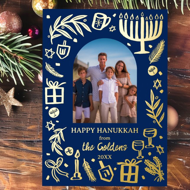 Whimsical HANUKKAH Cute Custom Photo GOLD Foil Holiday Card (Whimsical HANUKKAH Cute Custom Photo GOLD Foil Doodle Scribble Holiday Card
)