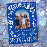 Whimsical HANUKKAH Cute Custom Photo SILVER  Foil Holiday Card<br><div class="desc">Perfect cute card for a fun holiday greeting! Hand made art for you! FULLY CUSTOMIZABLE! Click on “Personalise” above to edit the text and add your own photo. Click "edit using design tool" to adjust the fonts, colours and placements. Design is silver foil on blue, but check my shop for...</div>