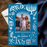 Whimsical HANUKKAH Cute Custom Photo SILVER  Foil Holiday Card<br><div class="desc">Perfect cute card for a fun holiday greeting! Hand made art for you! FULLY CUSTOMIZABLE! Click on “Personalise” above to edit the text and add your own photo. Click "edit using design tool" to adjust the fonts, colours and placements. Design is silver foil on blue, but check my shop for...</div>