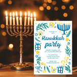 Whimsical Hanukkah Holiday Party Cute Custom Invitation<br><div class="desc">Perfect cute card for a fun holiday party invitation! Hand made art for you! Perfect for a winter, hanukkah, holiday party or other event. FULLY CUSTOMIZABLE! Click on “Personalise” above to edit the text. Click "edit using design tool" to adjust the fonts, colours and placements. (check my shop for alternate...</div>