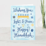 Whimsical Hanukkah Light and Peace Holiday Card<br><div class="desc">A Jewish Hanukkah theme card with a menorah,  Star of David and Driedel.  The text reads Wishing You Light & Peace Happy Hanukkah.  The background is a light blue watercolor wash.  Personalise the inside with your own message and/or company logo.</div>