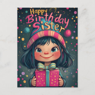 Whimsical Happy Birthday Sister Illustration Holiday Postcard