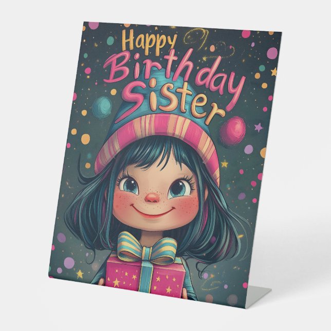 Whimsical Happy Birthday Sister Illustration  Pedestal Sign (Front)