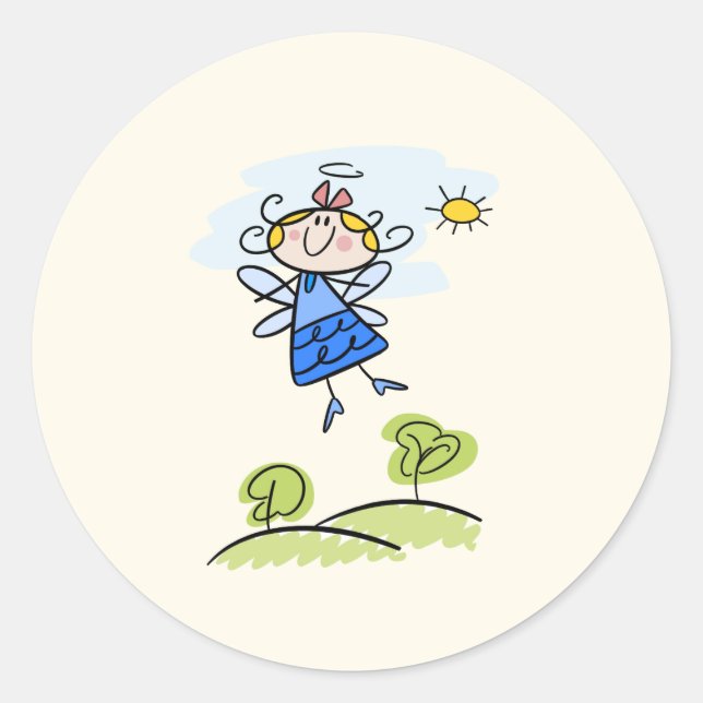 Whimsical Happy Flying Angel Fairy Classic Round Sticker (Front)