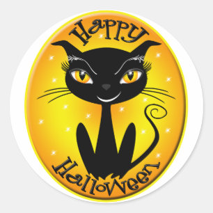 Whimsical Happy Halloween Cat with stars Classic Round Sticker
