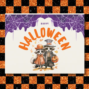 Whimsical Happy Halloween Racoon Couple Holiday Postcard