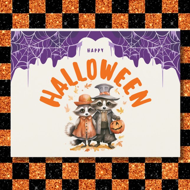 Whimsical Happy Halloween Racoon Couple Holiday Postcard (Creator Uploaded)