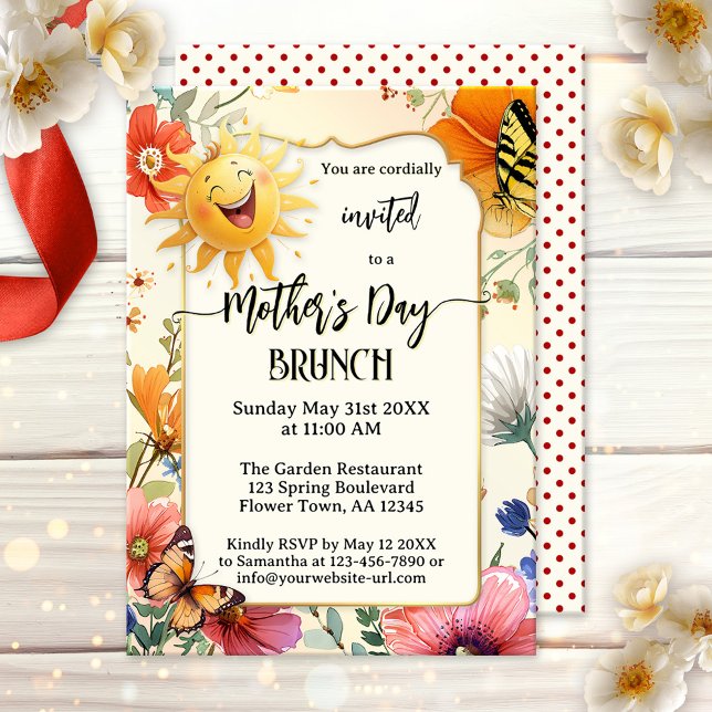 Whimsical Happy Mother's Day Brunch Invitation (Mother's Day brunch or lunch invitation featuring a laughing sun on a watercolor wildflower design)