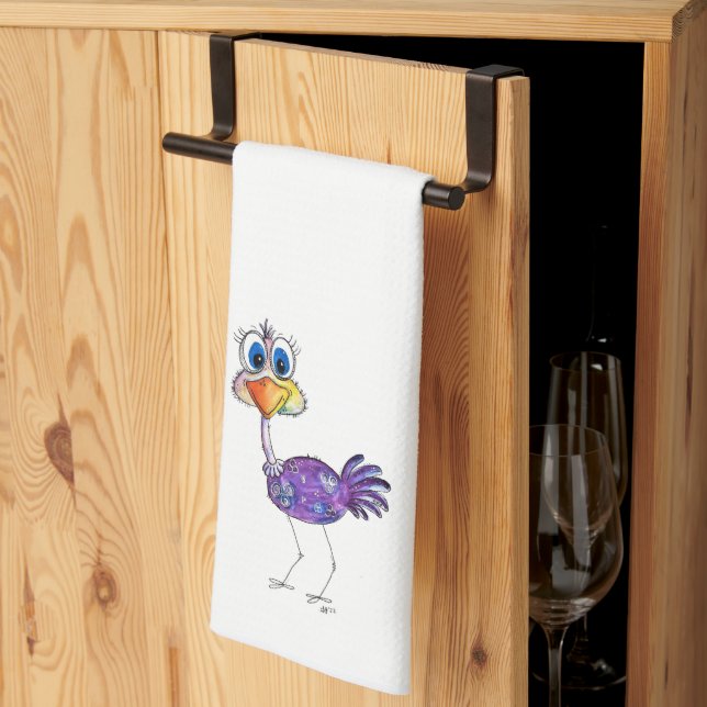 Whimsical Happy Purple Ostrich Tea Towel (Thirds Fold)