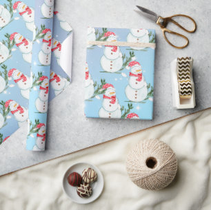 Whimsical Happy Snowmen in Snow Flurries Wrapping Paper