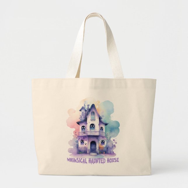 Whimsical Haunted House – Pastel Purple Halloween Large Tote Bag (Front)