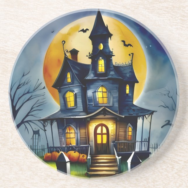 Whimsical Haunted House Sandstone Coaster (Front)